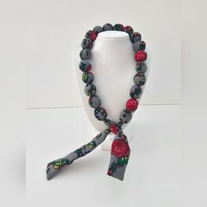Authentic Polish Folk Art Fabric Covered Gray Necklace Blue Floral Choker